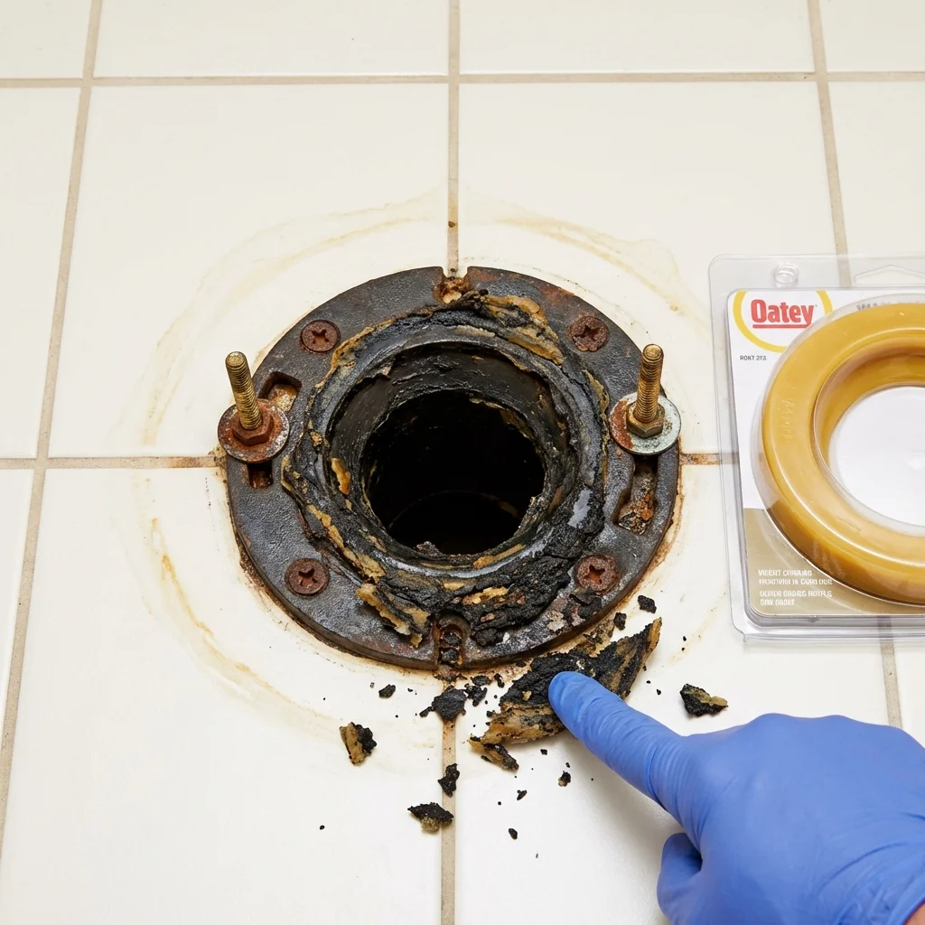 Failed wax ring showing water seepage at the base of a toilet in a Mangum, OK home